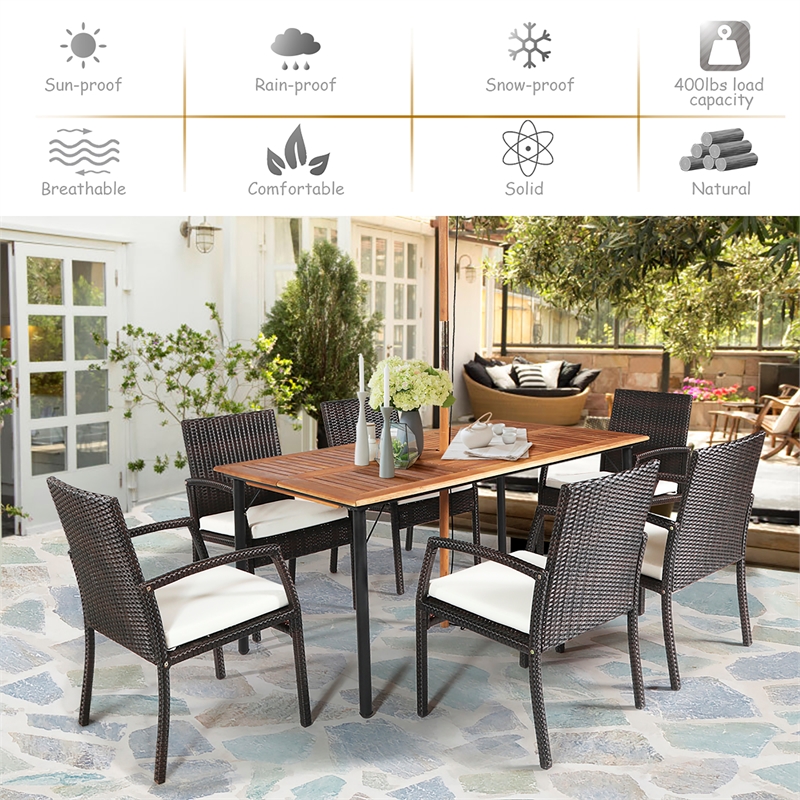 Pemberly Row 7PCS Patio Rattan Dining Set Table Top with Umbrella Hole White