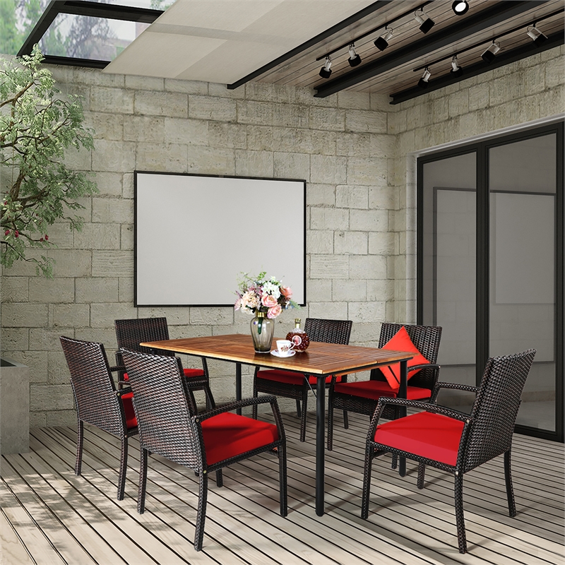 Pemberly Row 7PCS Patio Rattan Dining Set Table Top with Umbrella Hole Red