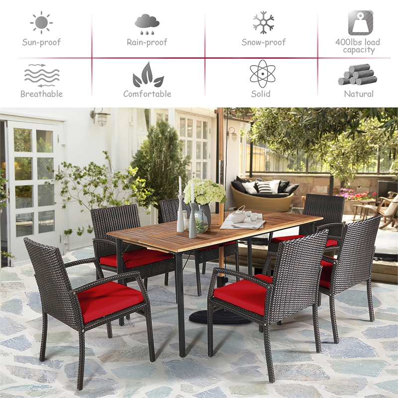 Pemberly Row 7PCS Patio Rattan Dining Set Table Top with Umbrella Hole Red