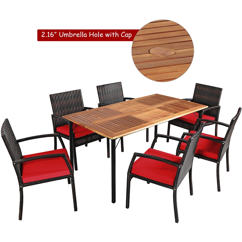 Pemberly Row 7PCS Patio Rattan Dining Set Table Top with Umbrella Hole Red
