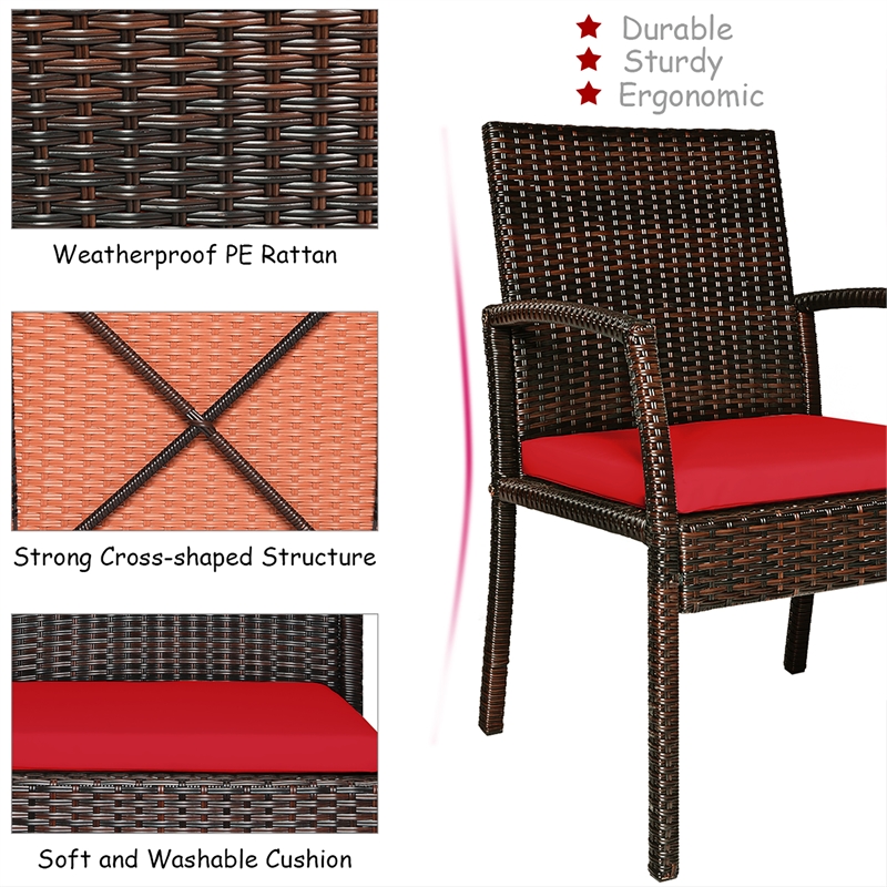 Pemberly Row 7PCS Patio Rattan Dining Set Table Top with Umbrella Hole Red
