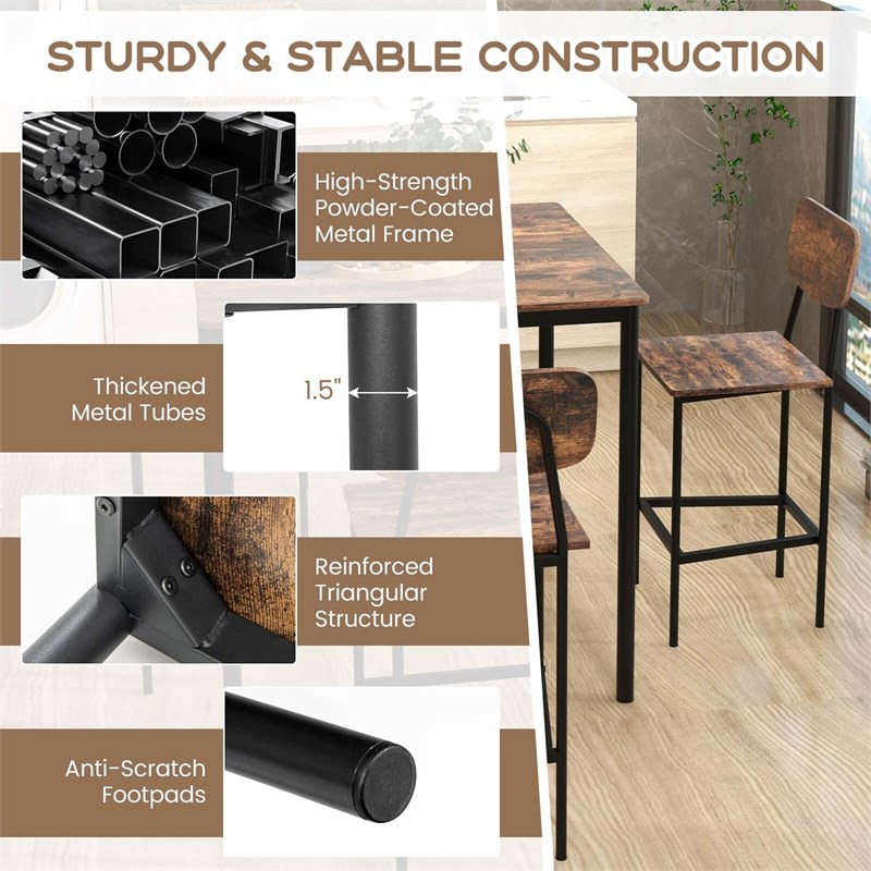 Pemberly Row 5 PCS Industrial Dining Table Set with 4 Bar Stools Black