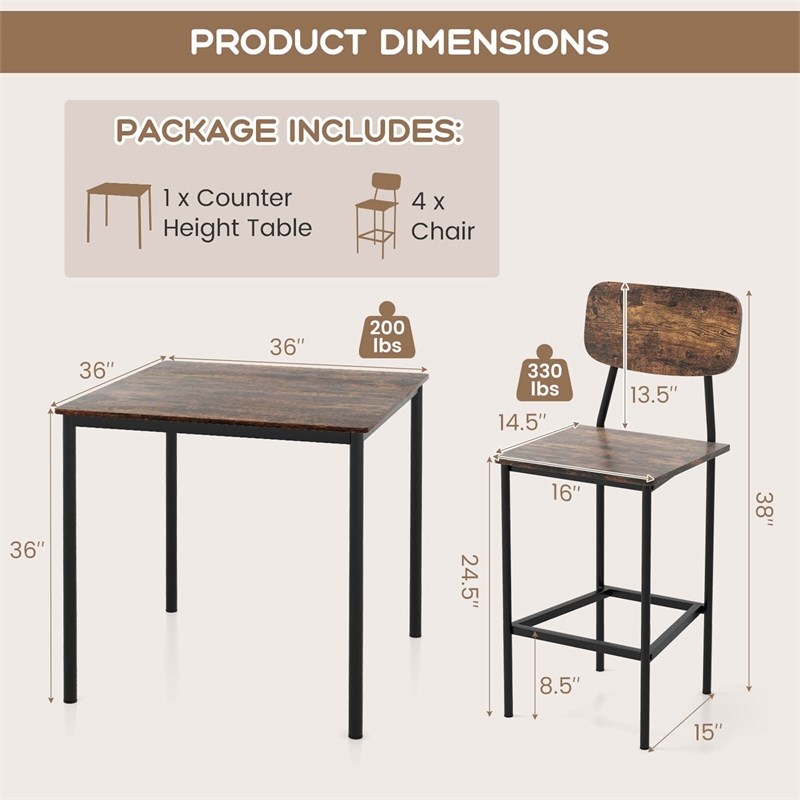 Pemberly Row 5 PCS Industrial Dining Table Set with 4 Bar Stools Black