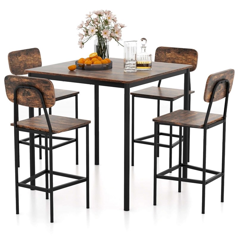 Pemberly Row 5 PCS Industrial Dining Table Set with 4 Bar Stools Black