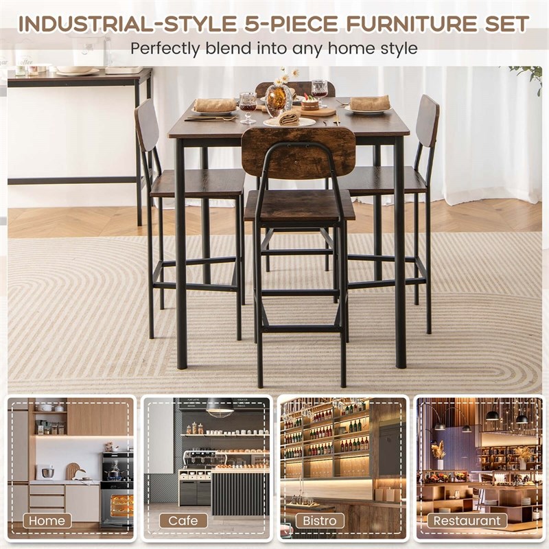 Pemberly Row 5 PCS Industrial Dining Table Set with 4 Bar Stools Black