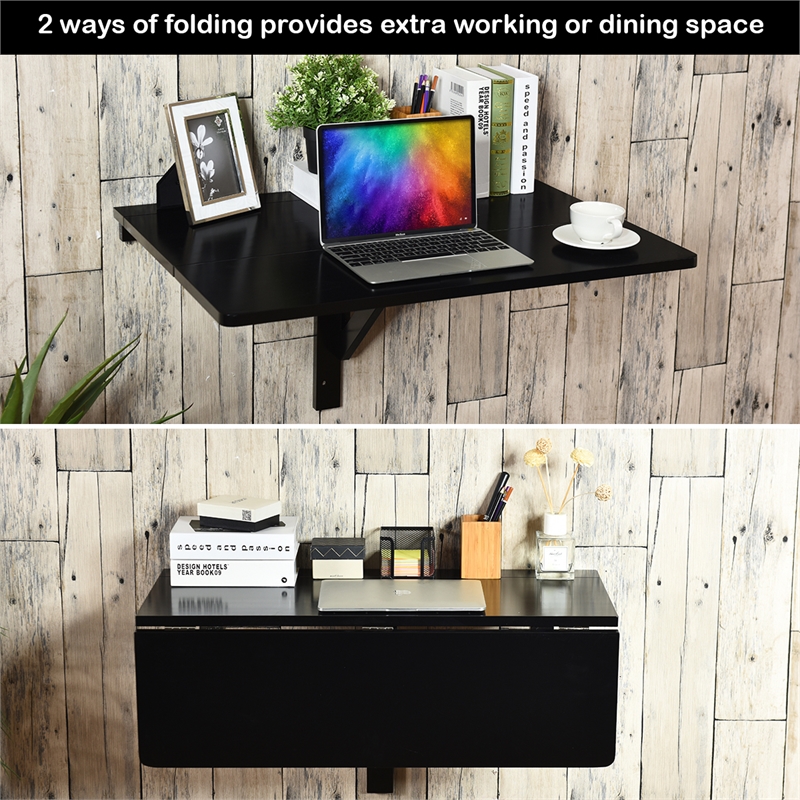 Pemberly Row Wall Mounted Drop Leaf Table Floating Folding Desk Black