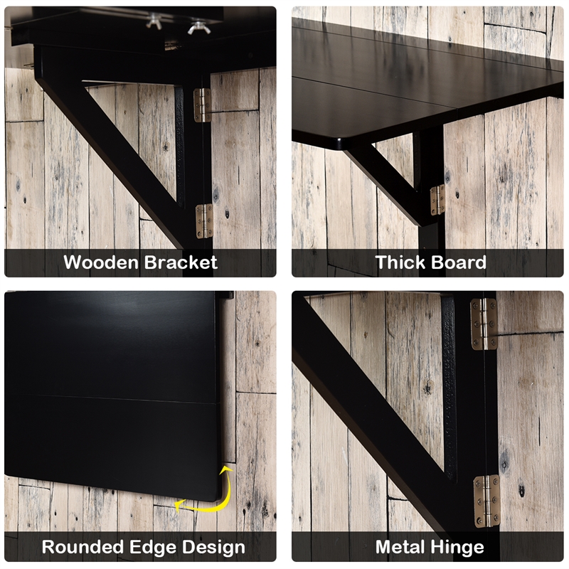 Pemberly Row Wall Mounted Drop Leaf Table Floating Folding Desk Black