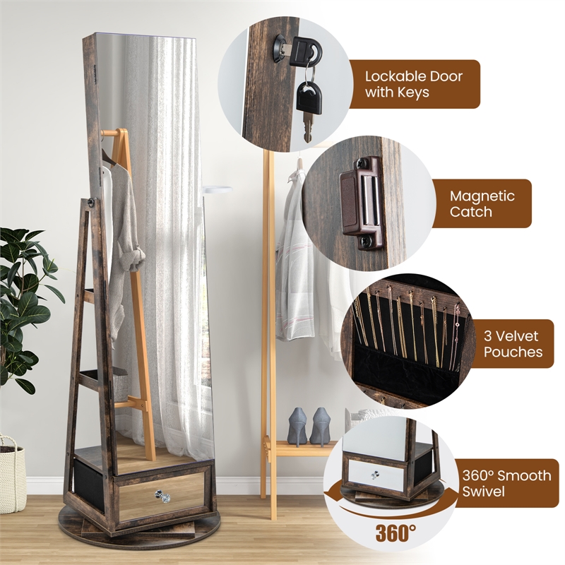 Pemberly Row Swivel Jewelry Cabinet Standing Armoire Organizer w/LED Light Brown