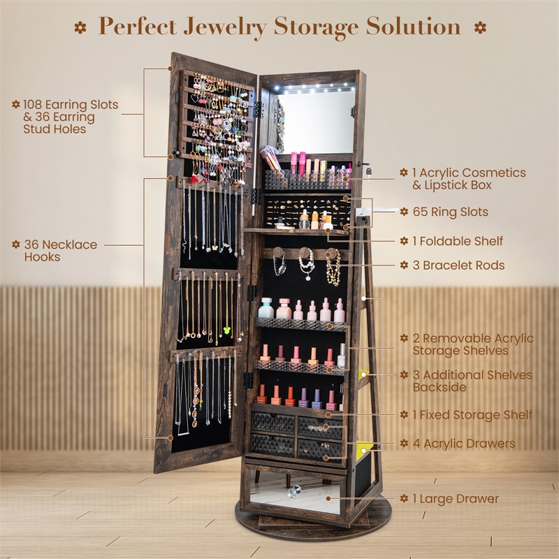 Pemberly Row Swivel Jewelry Cabinet Standing Armoire Organizer w/LED Light Brown