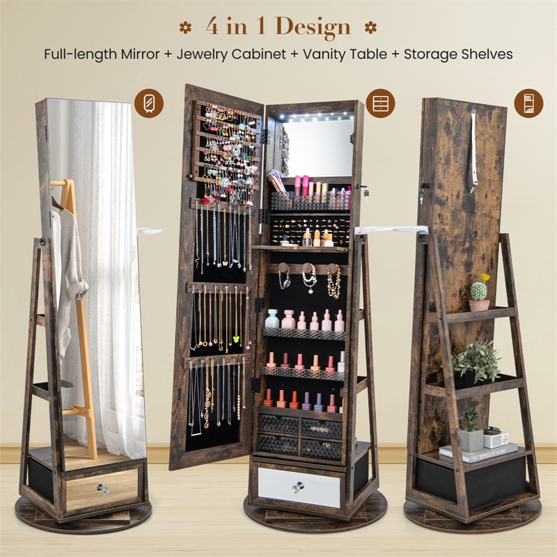 Pemberly Row Swivel Jewelry Cabinet Standing Armoire Organizer w/LED Light Brown