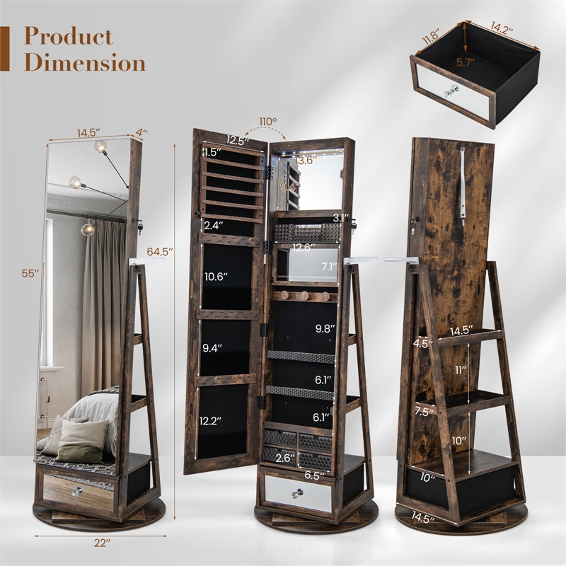 Pemberly Row Swivel Jewelry Cabinet Standing Armoire Organizer w/LED Light Brown