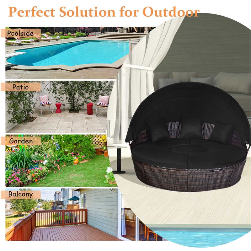 Pemberly Row Patio Rattan Daybed Cushioned Sofa Table Top Canopy Black