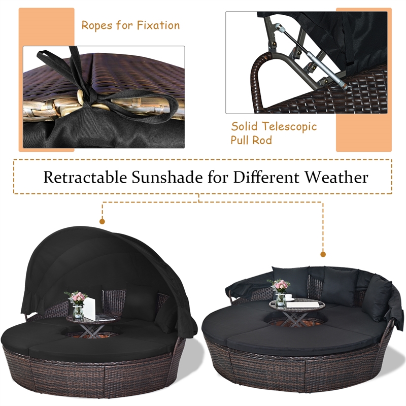 Pemberly Row Patio Rattan Daybed Cushioned Sofa Table Top Canopy Black