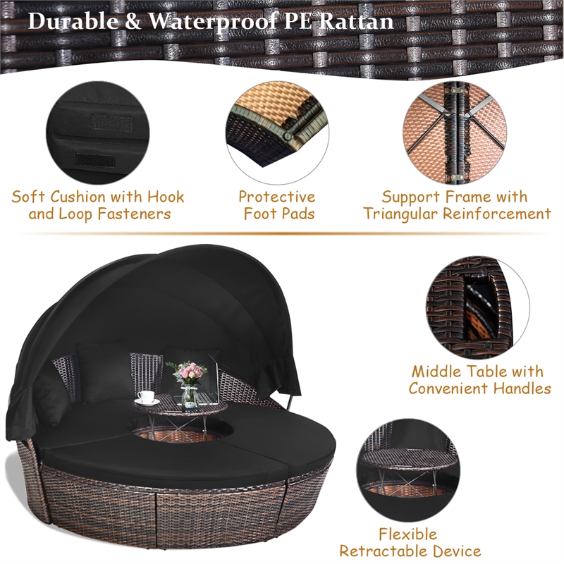 Pemberly Row Patio Rattan Daybed Cushioned Sofa Table Top Canopy Black