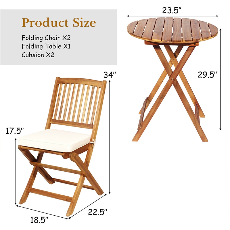 Pemberly Row 3PCS Patio Folding Bistro Set Cushioned Chair Conversation Cream
