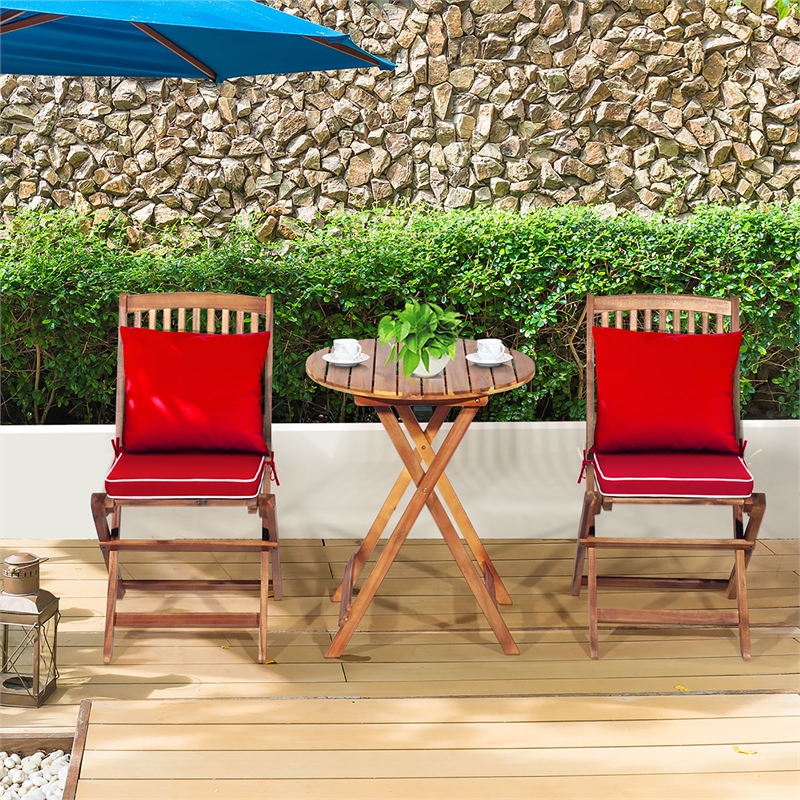 Pemberly Row 3PCS Patio Folding Bistro Set Cushioned Chair Conversation Red