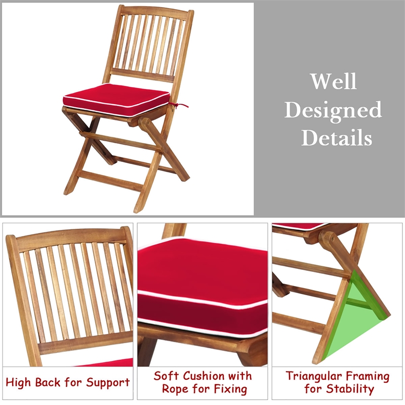 Pemberly Row 3PCS Patio Folding Bistro Set Cushioned Chair Conversation Red