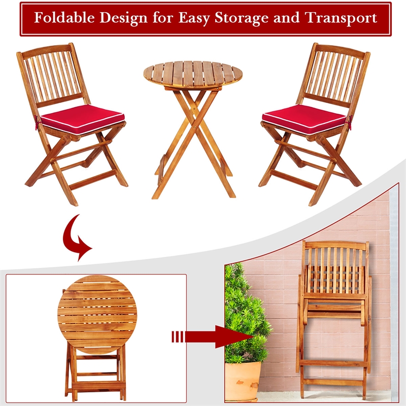 Pemberly Row 3PCS Patio Folding Bistro Set Cushioned Chair Conversation Red