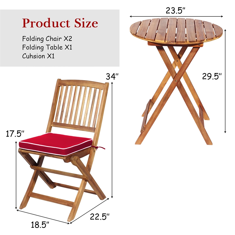 Pemberly Row 3PCS Patio Folding Bistro Set Cushioned Chair Conversation Red