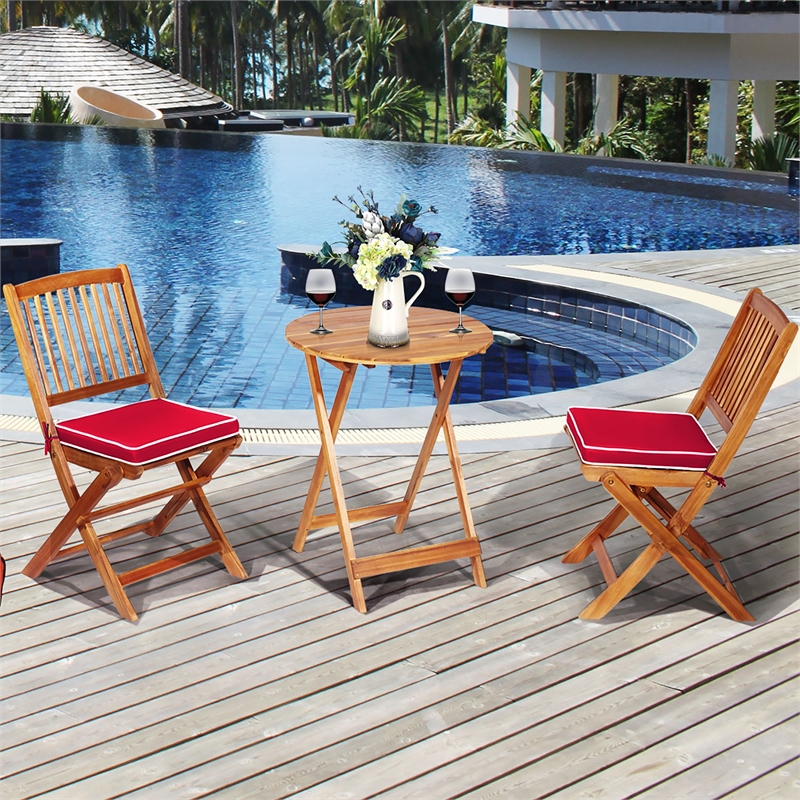 Pemberly Row 3PCS Patio Folding Bistro Set Cushioned Chair Conversation Red