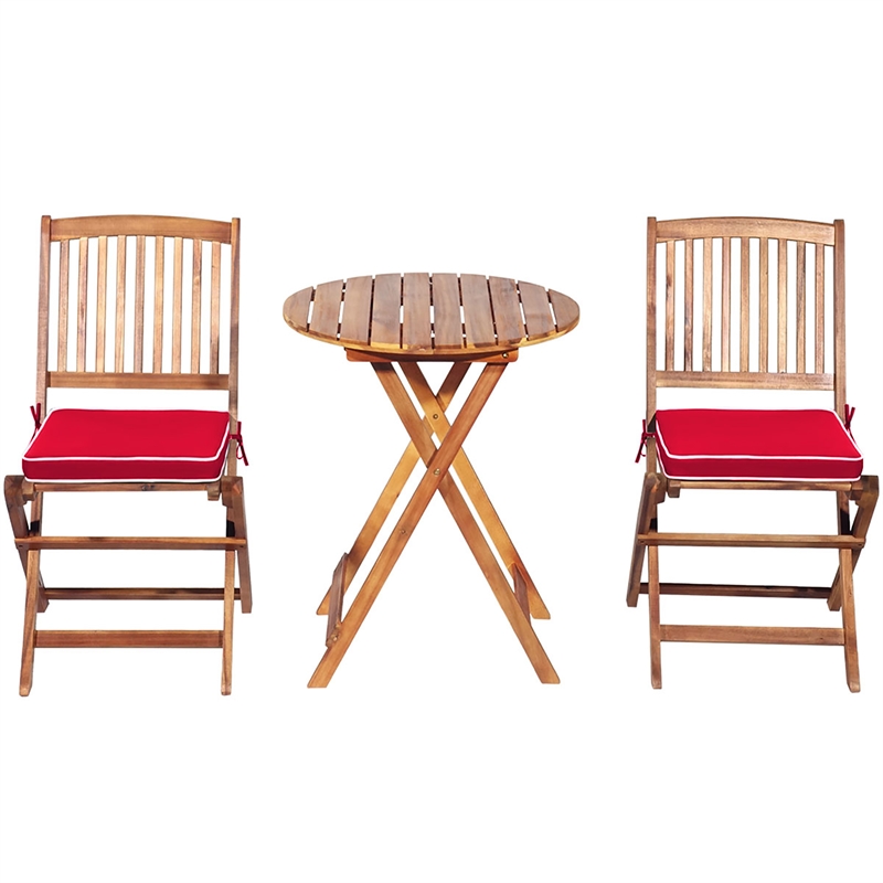 Pemberly Row 3PCS Patio Folding Bistro Set Cushioned Chair Conversation Red