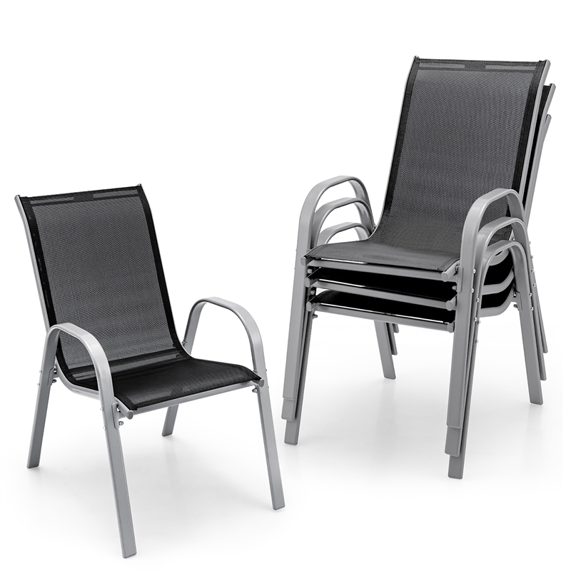 Pemberly Row Set of 4 Patio Dining Chairs Stackable Armrest in Black