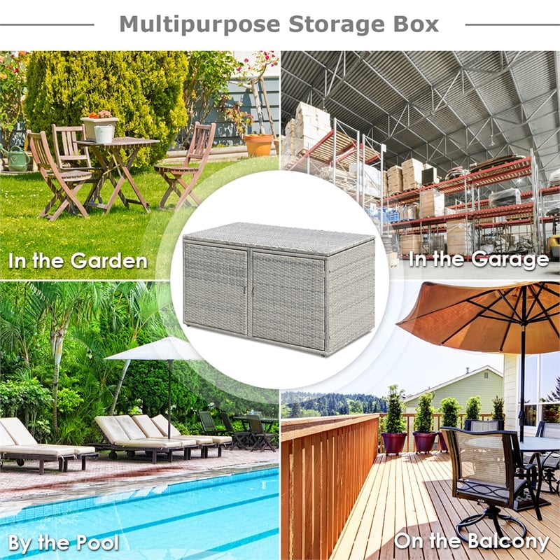 Pemberly Row 88 Gallon Garden Patio Rattan Storage Container Box Bin Shelf Gray