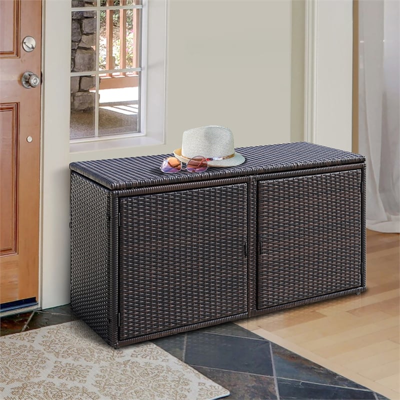 Pemberly Row 88 Gallon Garden Patio Rattan Storage Container Box Bin Shelf Brown