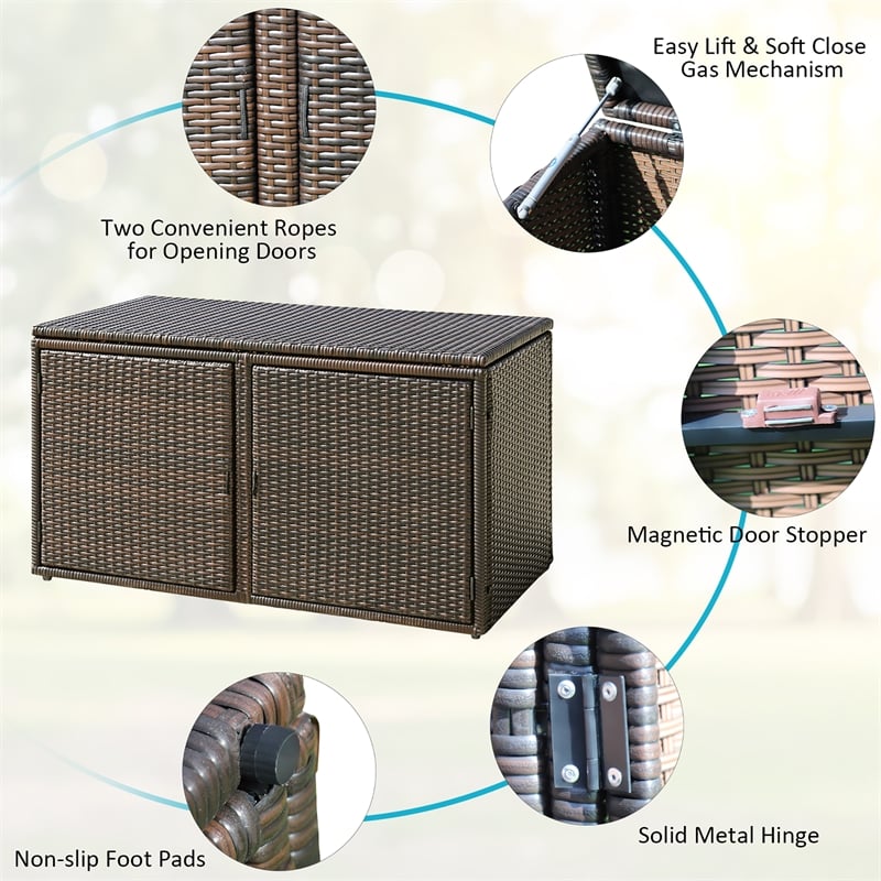 Pemberly Row 88 Gallon Garden Patio Rattan Storage Container Box Bin Shelf Brown