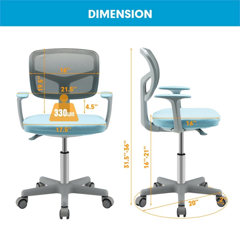 Pemberly Row Kids Height Children Study Chair w/Auto Brake Casters Blue