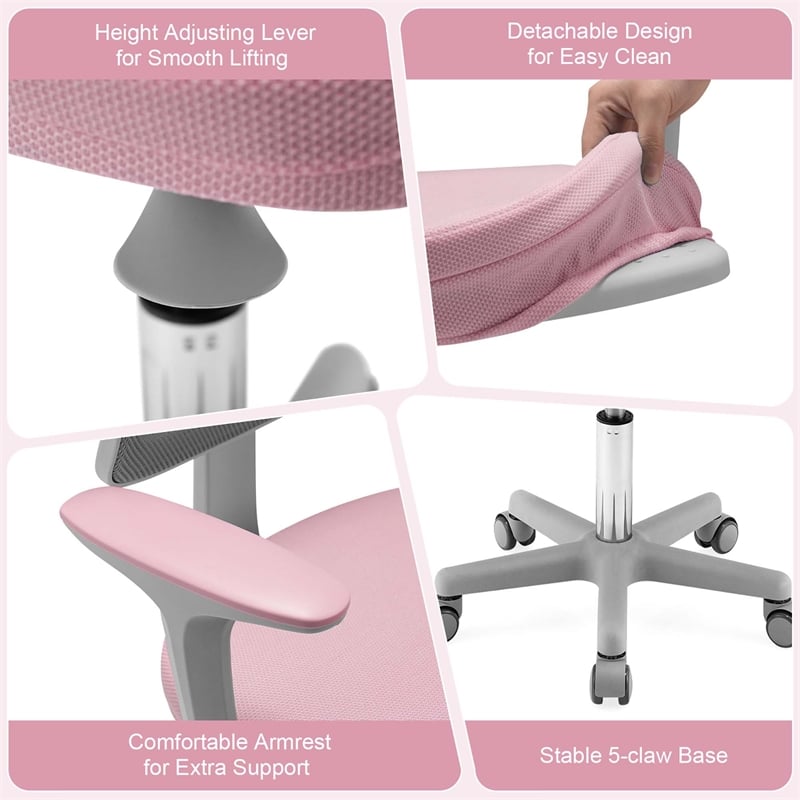 Pemberly Row Kids Height Children Study Chair w/Auto Brake Casters Pink