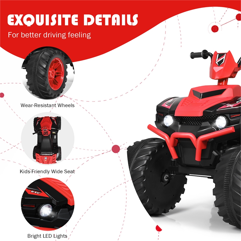 Pemberly Row 12V Kids 4 Wheeler ATV Quad Ride On Car w/ LED Lights Music USB Red
