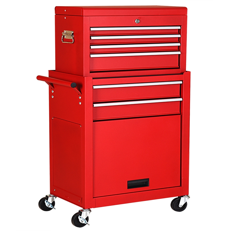 Pemberly Row 2 in 1 Rolling Cabinet Storage Chest Box Organizer w/6 Drawers Red