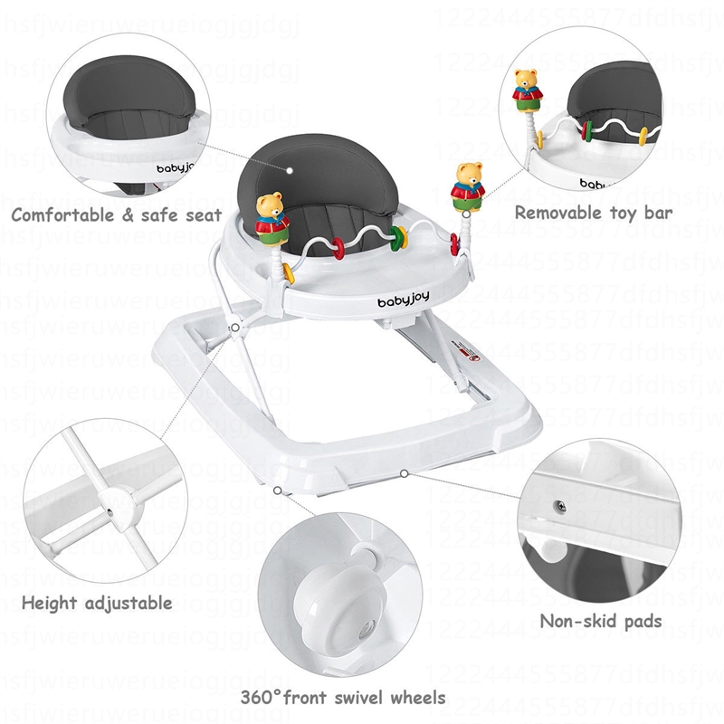 Pemberly Row Walker Adjustable Height Removable Toy Wheels Folding Portable Gray