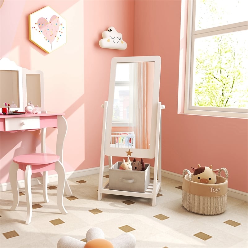 Pemberly Row Freestanding Full Length Dressing Mirror withShelf Storage Bin