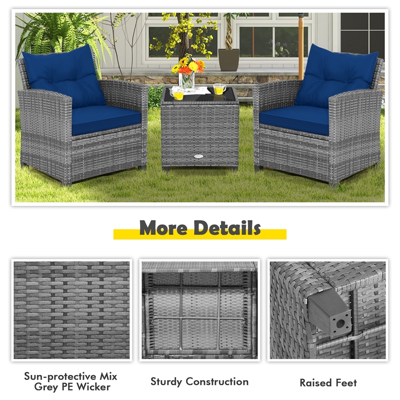 Pemberly Row 3PCS Patio Furniture Bistro Set Sofas Side Table Armrest Navy