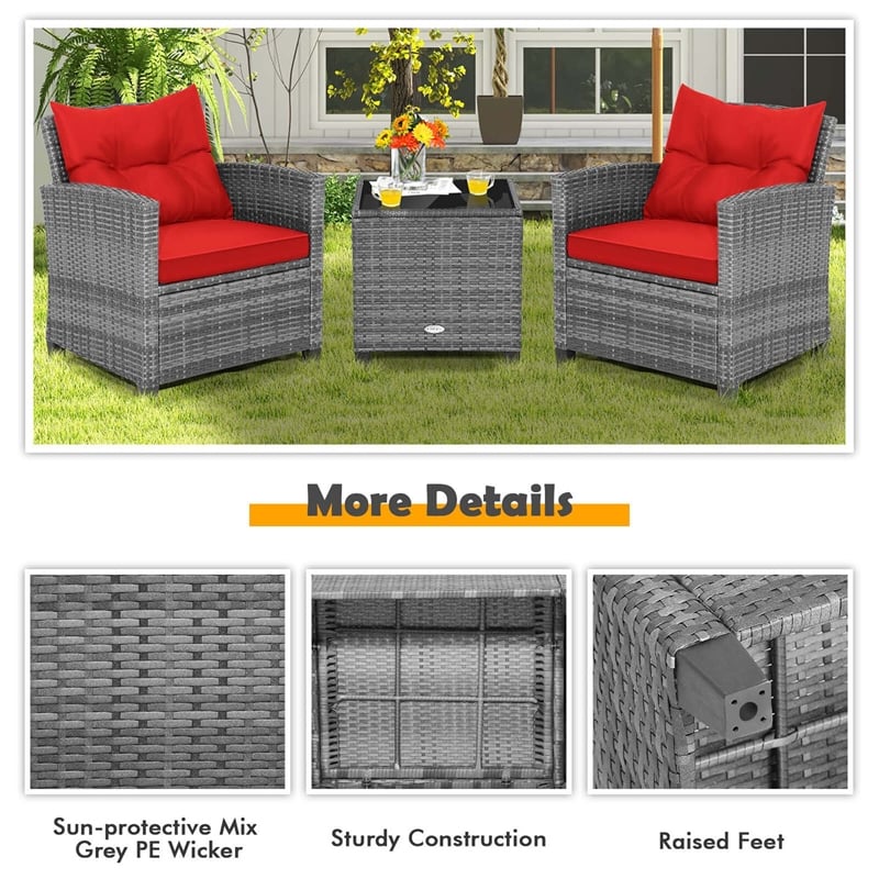 Pemberly Row 3PCS Patio Rattan Furniture Bistro Set Sofas Side Table Armrest Red