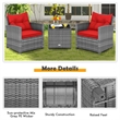 Pemberly Row 3PCS Patio Rattan Furniture Bistro Set Sofas Side Table Armrest Red