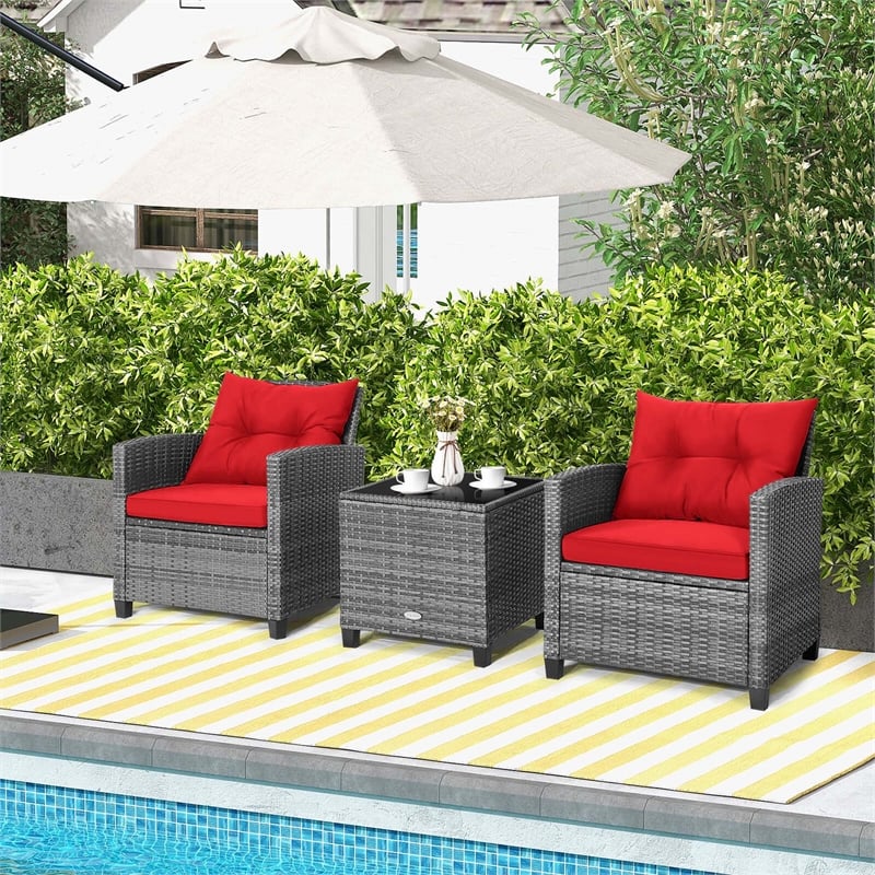 Pemberly Row 3PCS Patio Rattan Furniture Bistro Set Sofas Side Table Armrest Red