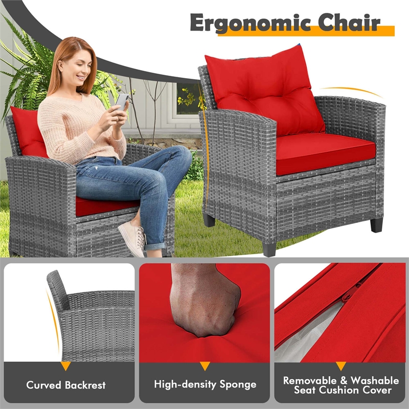 Pemberly Row 3PCS Patio Rattan Furniture Bistro Set Sofas Side Table Armrest Red