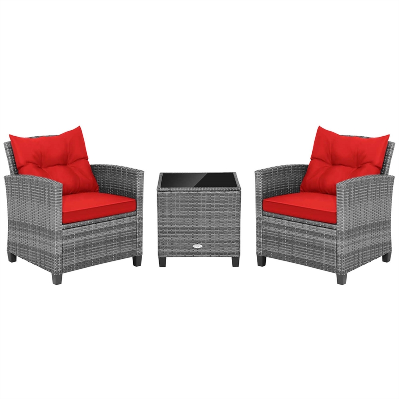 Pemberly Row 3PCS Patio Rattan Furniture Bistro Set Sofas Side Table Armrest Red
