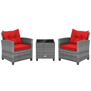 Pemberly Row 3PCS Patio Rattan Furniture Bistro Set Sofas Side Table Armrest Red