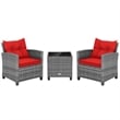 Pemberly Row 3PCS Patio Rattan Furniture Bistro Set Sofas Side Table Armrest Red