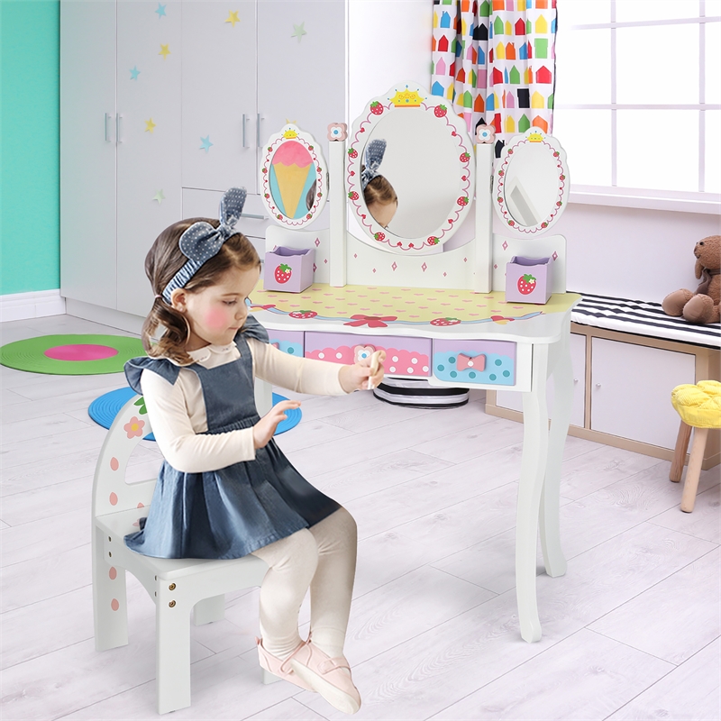 Pemberly Row Kids Vanity Princess Makeup Dressing Table Chair Set w/Mirror White