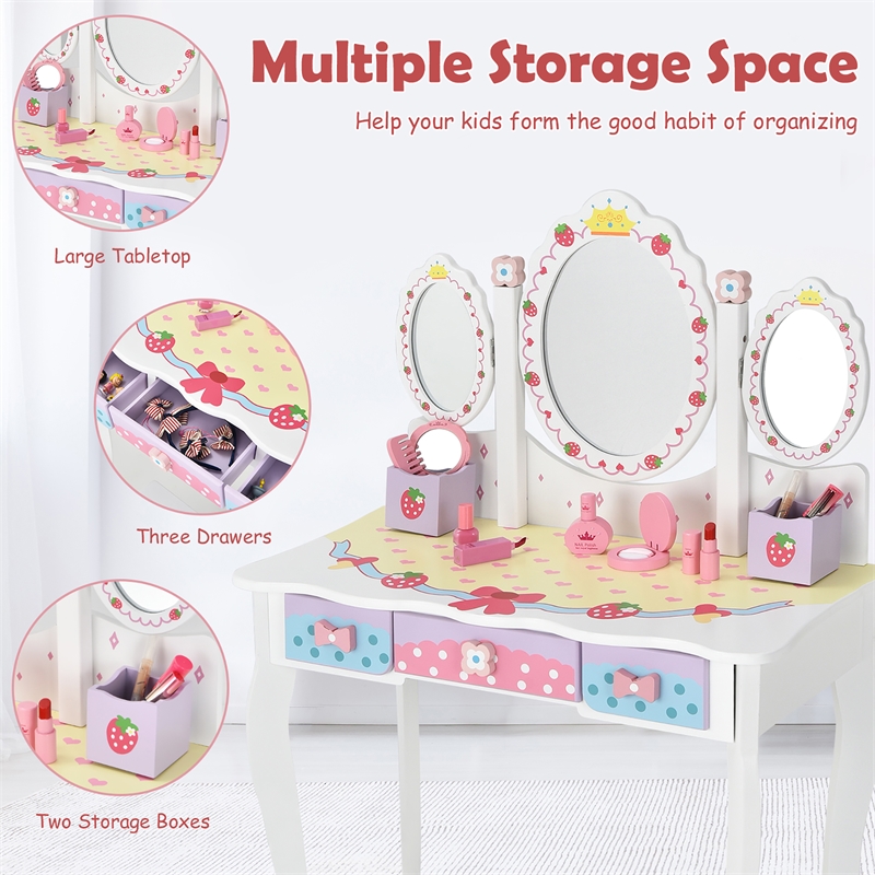 Pemberly Row Kids Vanity Princess Makeup Dressing Table Chair Set w/Mirror White
