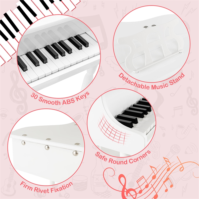 Pemberly Row Children 30 Key Toy Grand Baby Piano with Kids Bench Wood White