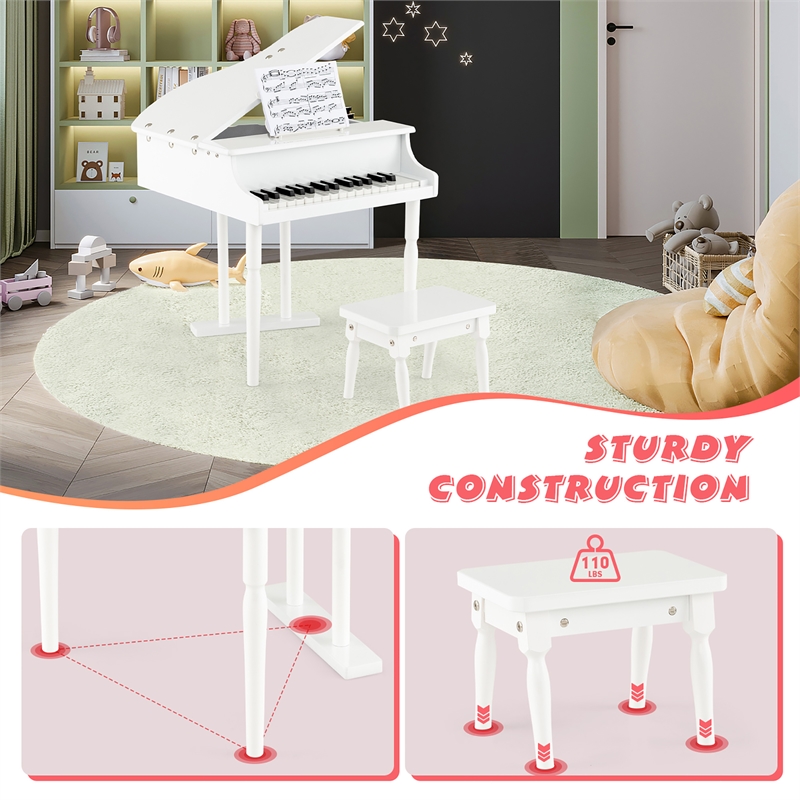 Pemberly Row Children 30 Key Toy Grand Baby Piano with Kids Bench Wood White