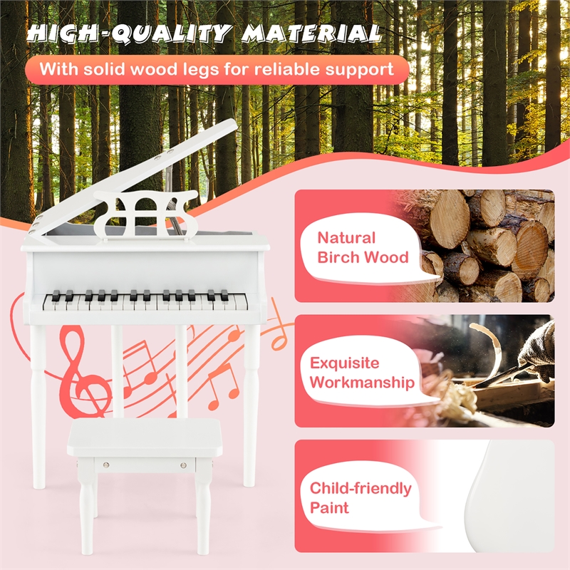 Pemberly Row Children 30 Key Toy Grand Baby Piano with Kids Bench Wood White