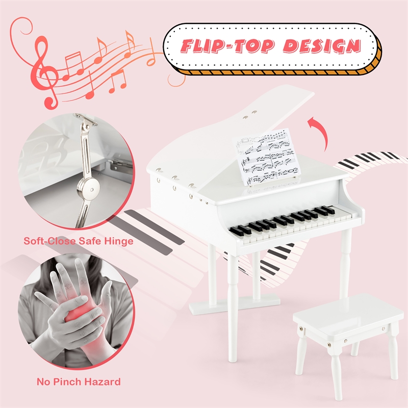 Pemberly Row Children 30 Key Toy Grand Baby Piano with Kids Bench Wood White