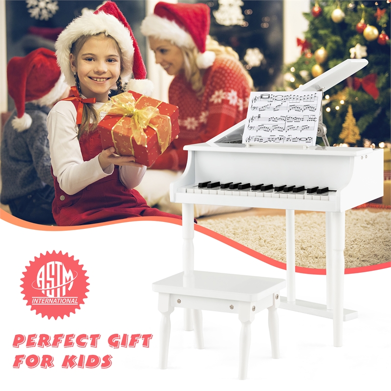 Pemberly Row Children 30 Key Toy Grand Baby Piano with Kids Bench Wood White